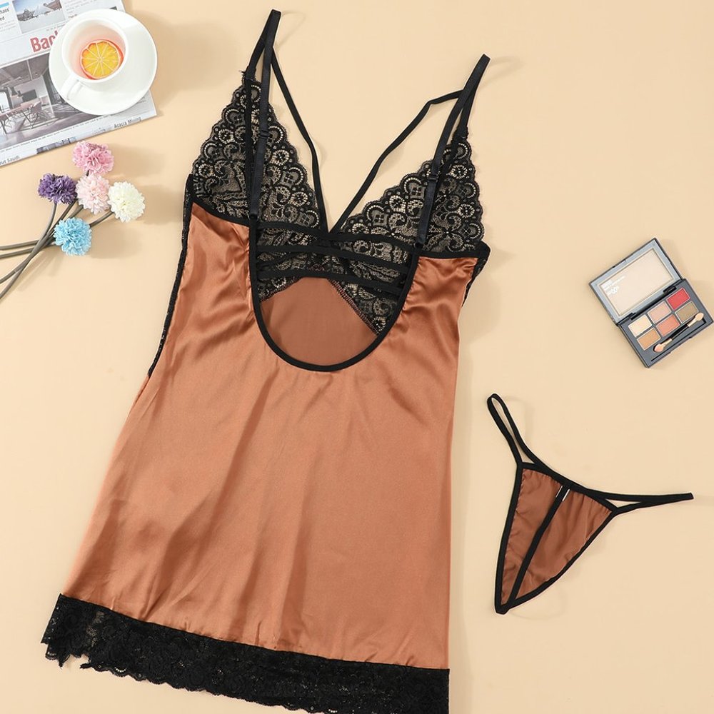 Gold Lace Spice Satin Babydoll with Slit and thong - Picture 5 of 9